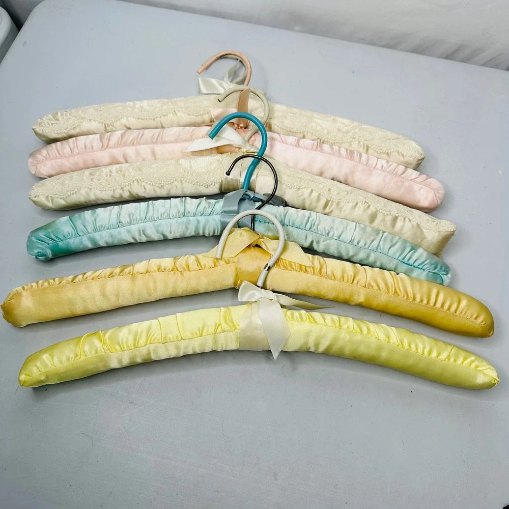 Vintage Padded Satin Lace Clothes Hangers Set of 6 Pastel Mixed Colors 15.5 Inch